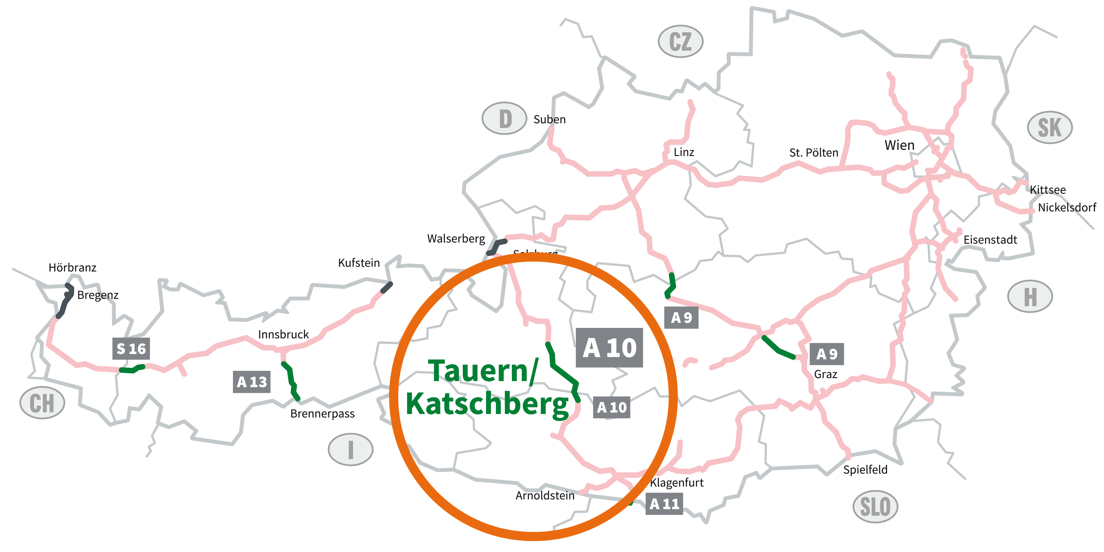 Grafik der mautpflichtigen Autobahnen und Schnellstraßen in Österreich. Vignettenpflichtige Strecken sind blassrot markiert. Grün hervorgehoben sind die sechs Streckenmaut-Abschnitte: S 16 Arlberg, A 13 Brenner, A 10 Tauern, A 11 Karawanken,  A 9 Bosruck und Gleinalm. Hier benötigen Sie ein Streckenmaut-Ticket. Der Bereich um den streckenmautpflichtigen Abschnitt auf der A 10 Tauern-Autobahn ist eingekreist. 