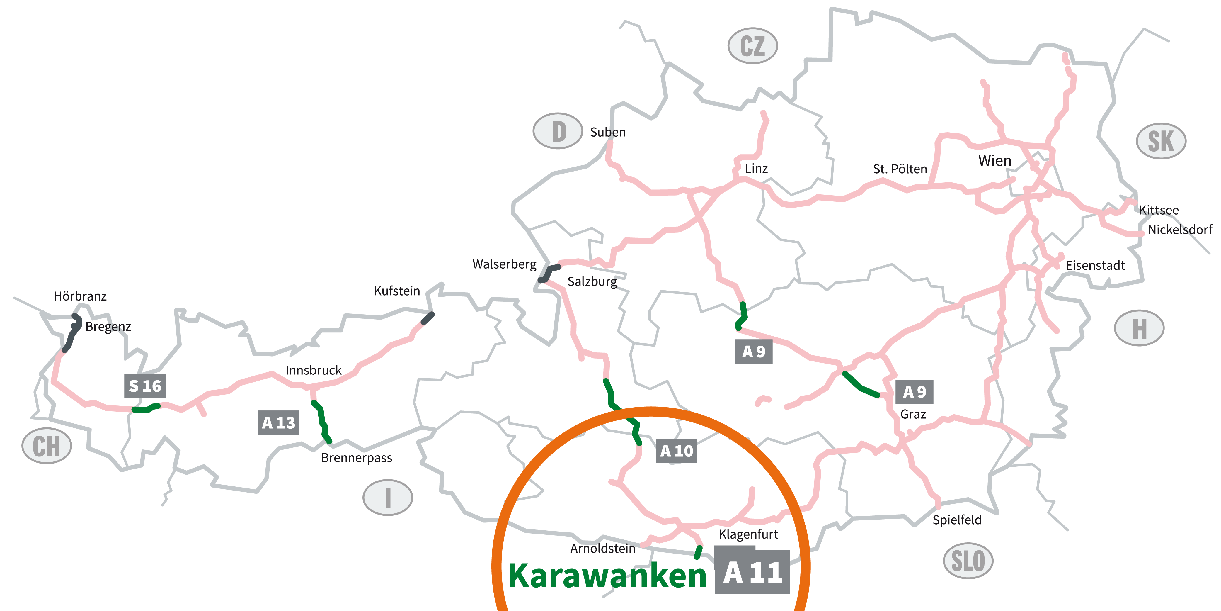 Grafik der mautpflichtigen Autobahnen und Schnellstraßen in Österreich. Vignettenpflichtige Strecken sind blassrot markiert. Grün hervorgehoben sind die sechs Streckenmaut-Abschnitte: S 16 Arlberg, A 13 Brenner, A 10 Tauern, A 11 Karawanken,  A 9 Bosruck und Gleinalm. Hier benötigen Sie ein Streckenmaut-Ticket. Der Bereich um den streckenmautpflichtigen Abschnitt auf der A 11 Karawanken Autobahn ist eingekreist. 